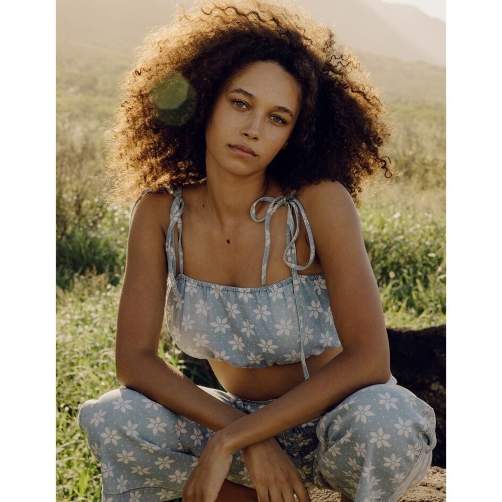 Billabong X Wrangler Blue Perfect Pair Tie Strap Floral Denim Crop Top Small
